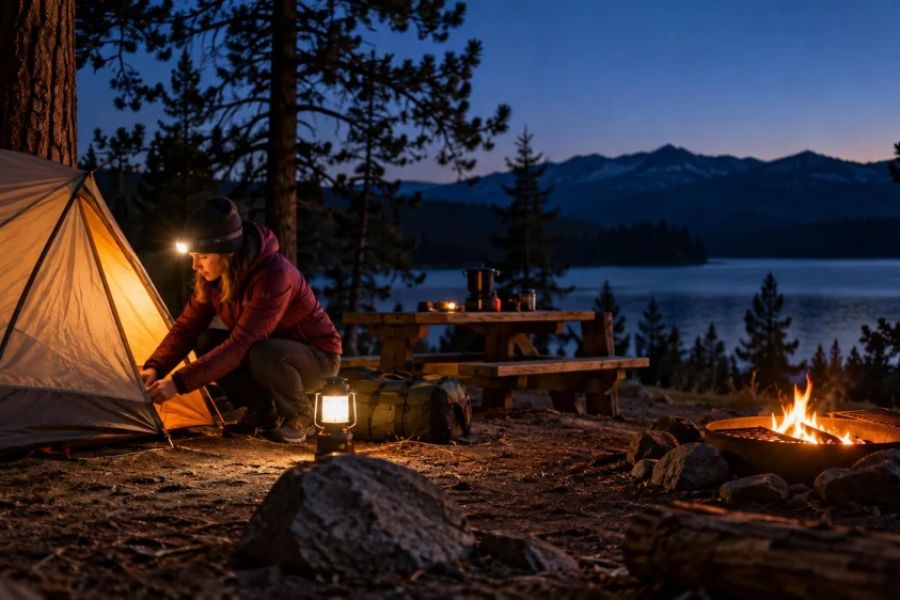 Campsite Arrival After Dark: Light, Setup, and Boundaries